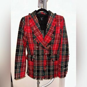 Rachel Zoe plaid red, green, black, white, and silver blazer. Small. NWT.